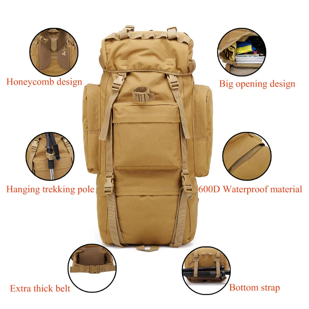 Tactical Backpack Travel Rucksack Durable Waterproof Travel Bag 65L Day Pack Bag